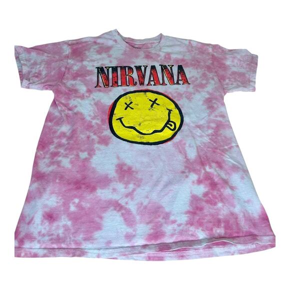 Nirvana Pink Tie Dye Yellow Smiley Band Tee Size Medium - Picture 2 of 4